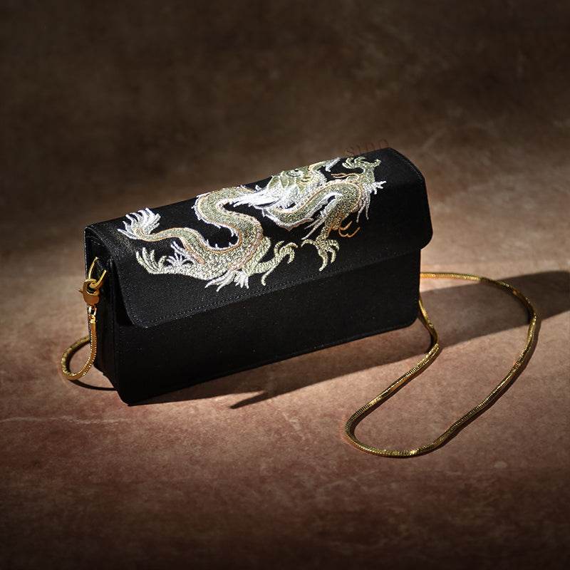 Ultra-Light Loong Silk Embroidery Black Evening Bag Recycled Fabric 154g - SinoCultural -- GD1207 - 