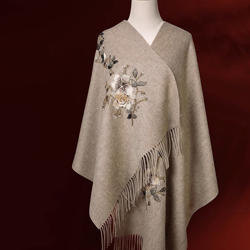 Su Embroidery Silk Scarf Flower Cashmere Shawl 200*70-Scarf-SinoCultural-SinoCultural