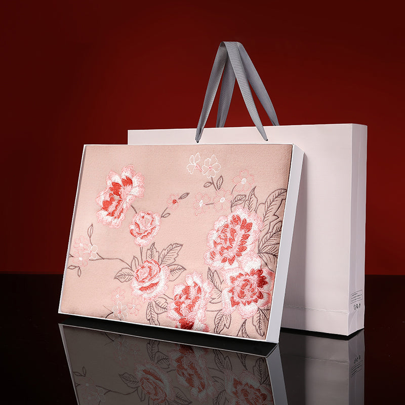 Su Embroidery Silk Scarf Flower Cashmere Shawl 200*70-Scarf-SinoCultural-Pink-HYFSJ012-2-SinoCultural