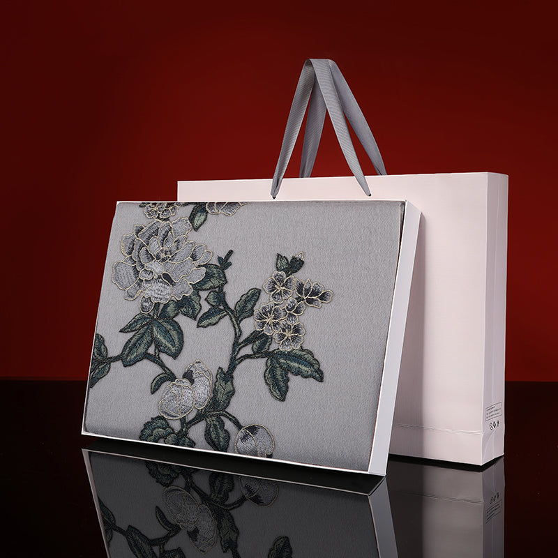 Su Embroidery Silk Scarf Flower Cashmere Shawl 200*70-Scarf-SinoCultural-Grey-HYFSJ012-1-SinoCultural