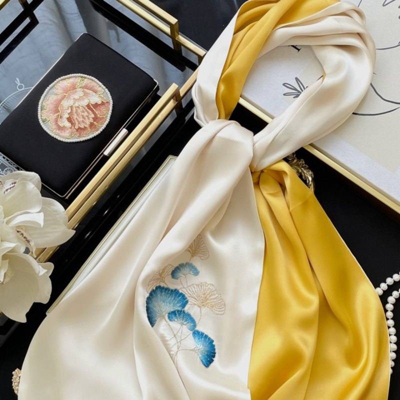 Su Embroidery Handmade Ginkgo Leaves Silk Scarf 155*35-Scarf-SinoCultural-Yellow-HYFSJ029-SinoCultural