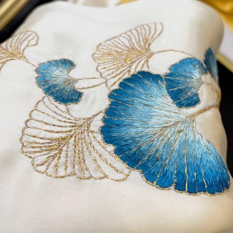 Su Embroidery Handmade Ginkgo Leaves Silk Scarf 155*35-Scarf-SinoCultural-Yellow-HYFSJ029-SinoCultural