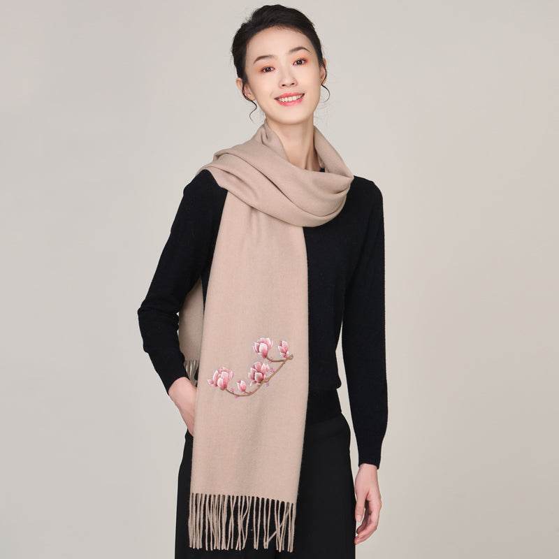Handmade Suzhou Embroidery Wool Cashmere Scarf with Magnolia Flower 200x38cm - SinoCultural