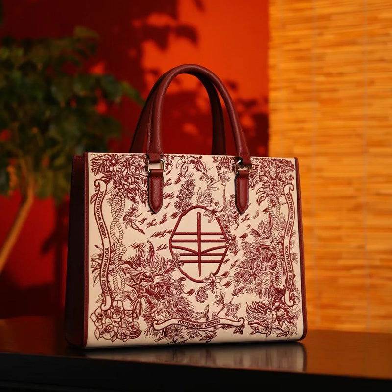 Handmade Forest Inspired Embroidery Leather Tote Bag Sinocultural