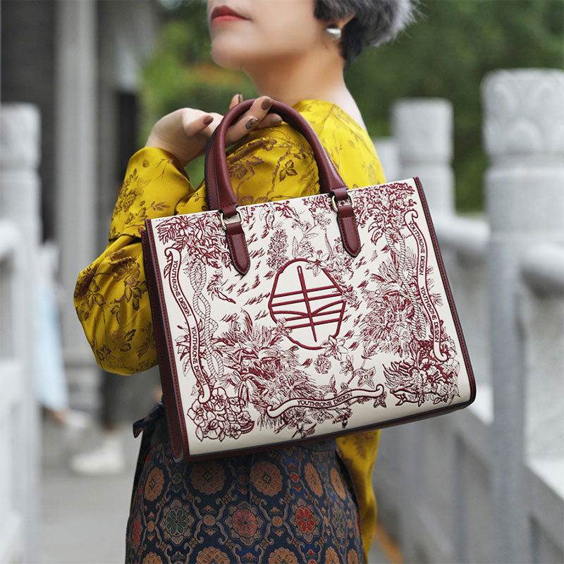Handmade Forest Inspired Embroidery Leather Tote Bag Sinocultural
