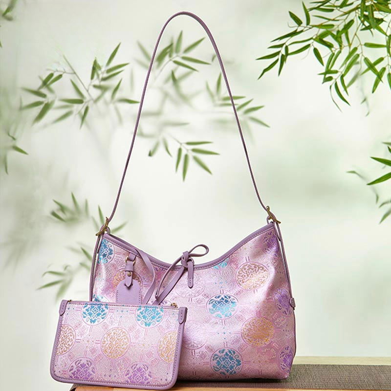 Handcraft Brocade Jacquard Purple"Tuanhua”Chinoiserie Royal Tote Bag - SinoCultural