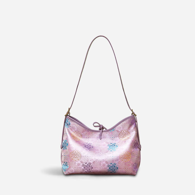 Handcraft Brocade Jacquard Purple"Tuanhua”Chinoiserie Royal Tote Bag - SinoCultural