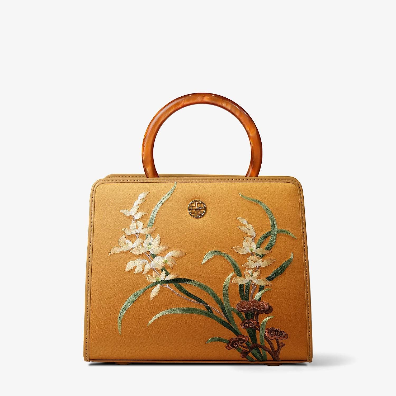 Handcraft Embroidery Silk Orchid Leather Handbag with Pendant - SinoCultural -- P120606