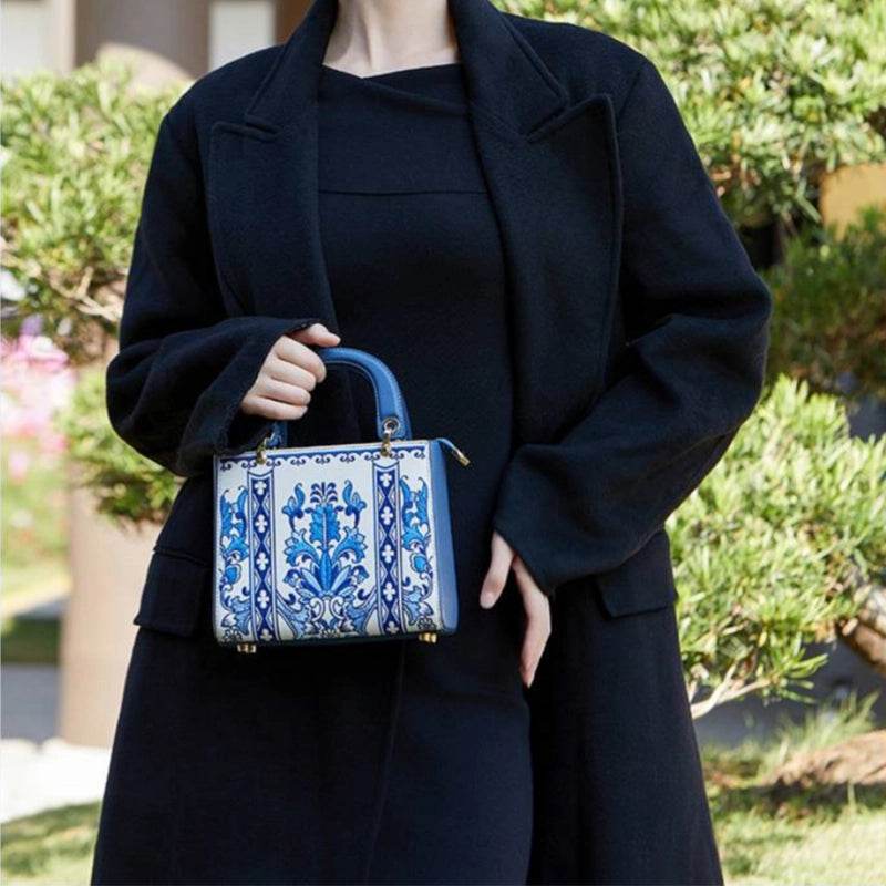 Handcrafted Embroidery Leather Handbag Blue and White Porcelain - SinoCultural