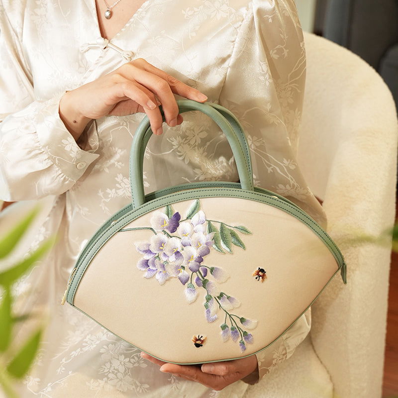 Green Wisteria Silk Embroidery Floral Handbag Sinocultural