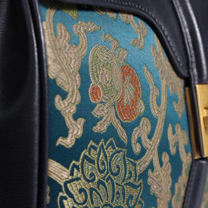Sinocultural Handmade Song Brocade Chinoiserie Leather Bag Clutch Bag - SinoCultural