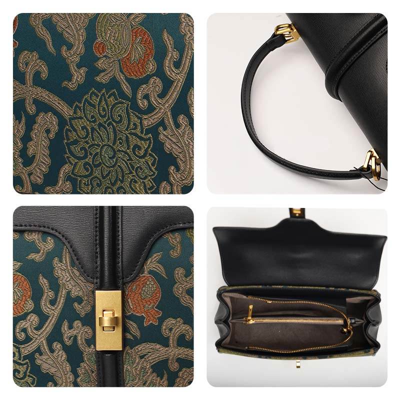 Sinocultural Handmade Song Brocade Chinoiserie Leather Bag Clutch Bag - SinoCultural