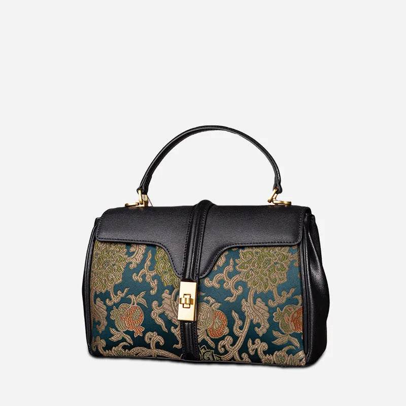 Sinocultural Handmade Song Brocade Chinoiserie Leather Bag Clutch Bag - SinoCultural