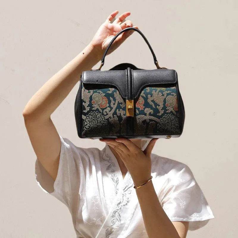 Sinocultural Handmade Song Brocade Chinoiserie Leather Bag Clutch Bag - SinoCultural