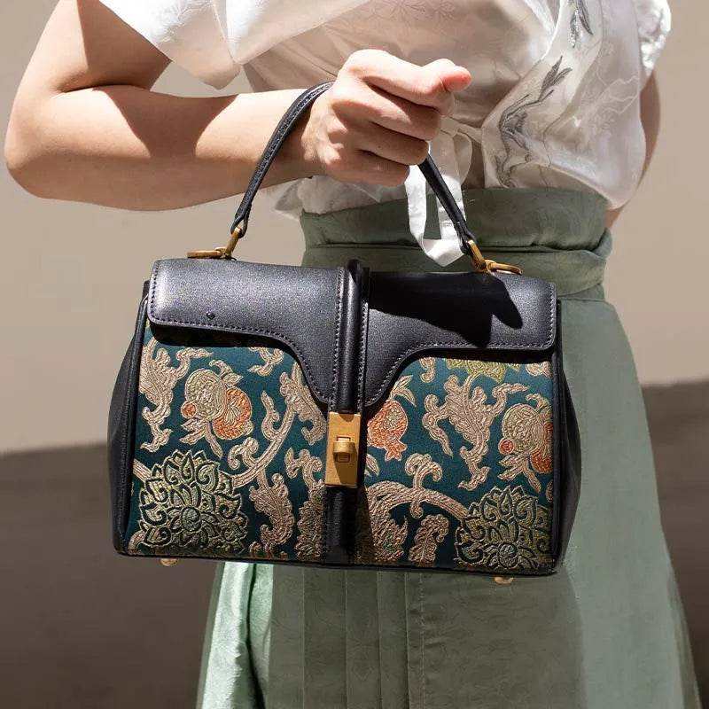 Sinocultural Handmade Song Brocade Chinoiserie Leather Bag Clutch Bag - SinoCultural