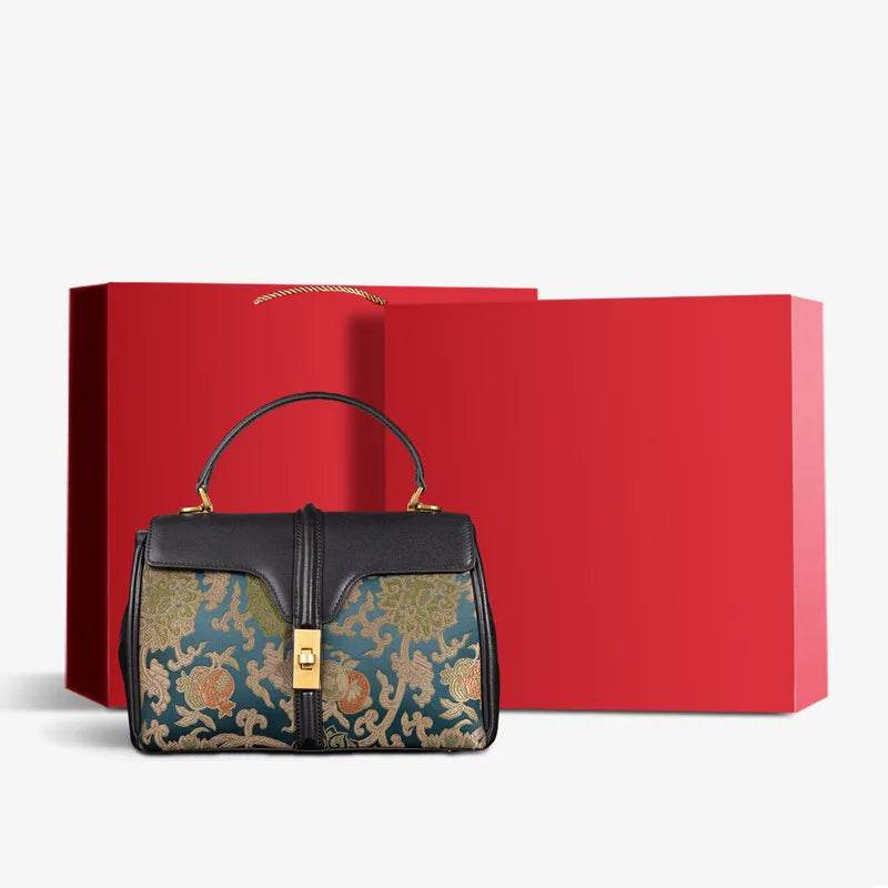 Sinocultural Handmade Song Brocade Chinoiserie Leather Bag Clutch Bag - SinoCultural