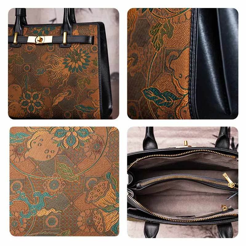 Handmade Song Brocade Chinoiserie Vintage Brown Kelly Bag - SinoCultural