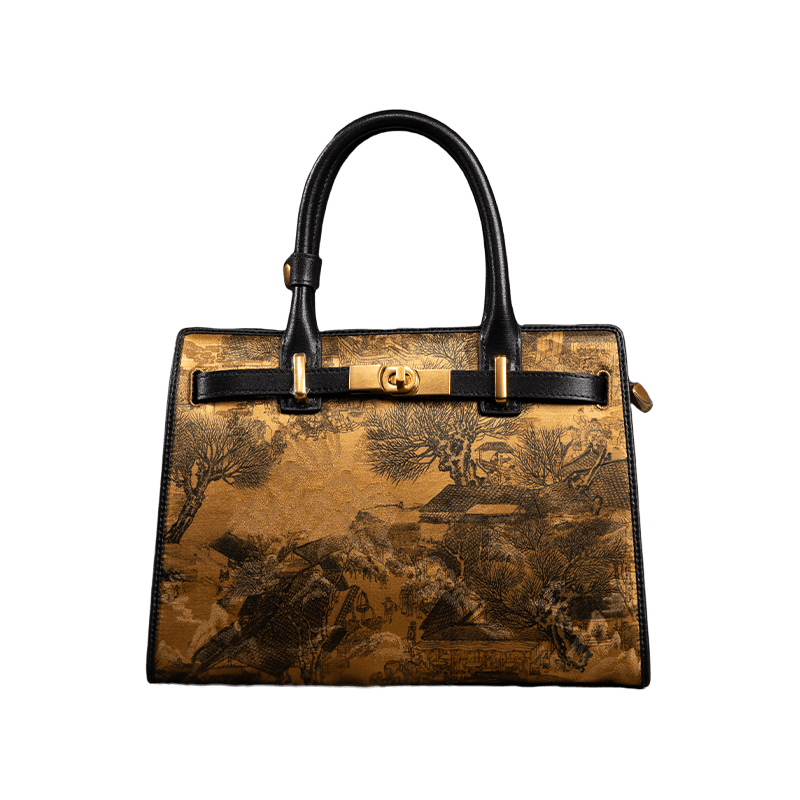 Handmade Xiangyunsha Silk Black Leather Kelly Bag Chinese Painting - SinoCultural -- W4188-2 - 