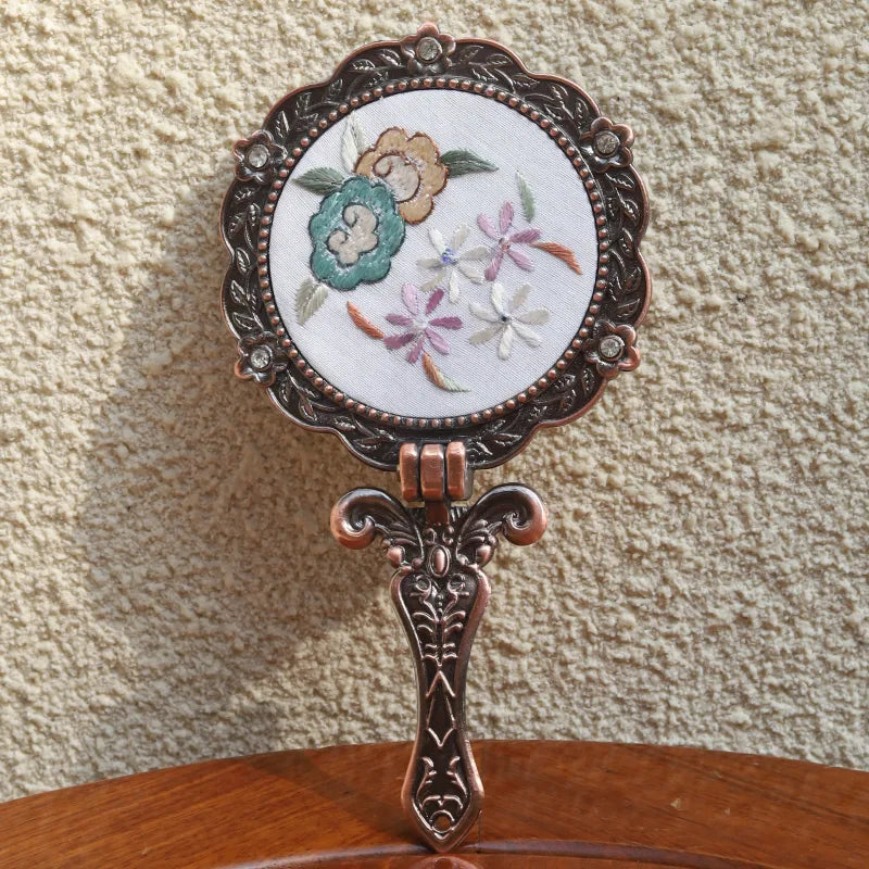 Limited Edition Hand Embroidery Handheld Makeup Beauty Metal Mirror