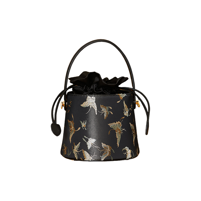 Brocade Black Bucket Bag Designer Butterfly Handbag - SinoCultural