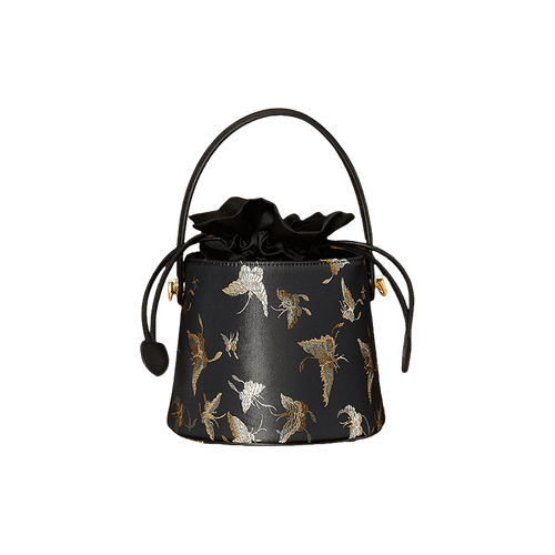 Brocade Black Bucket Bag Designer Butterfly Handbag - SinoCultural -- JD170618-1