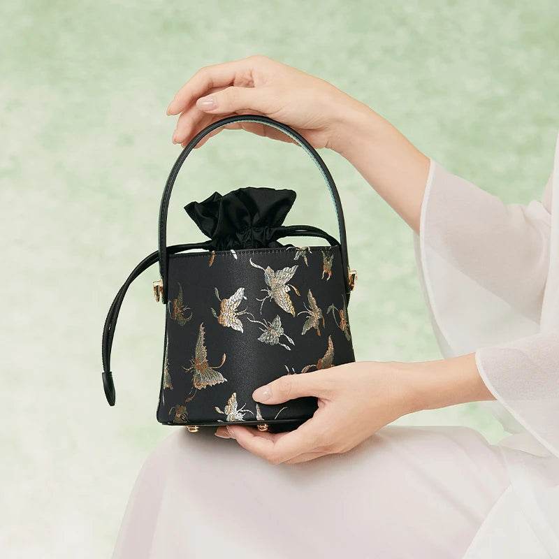 Brocade Black Bucket Bag Designer Butterfly Handbag - SinoCultural