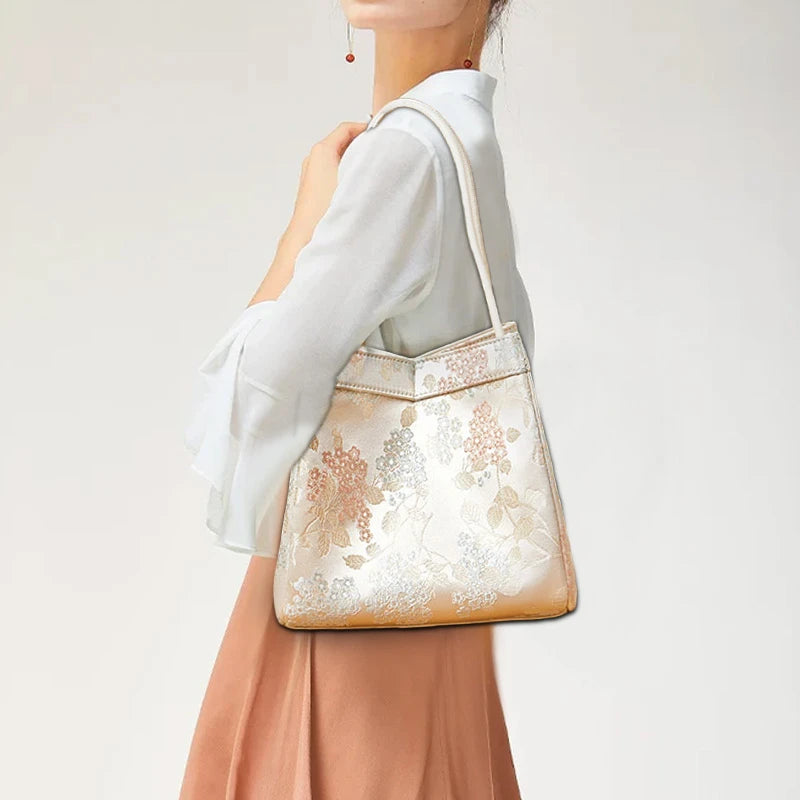 Jacquard Brocade Beige Bucket Handbag Floral New Chinese Style - SinoCultural