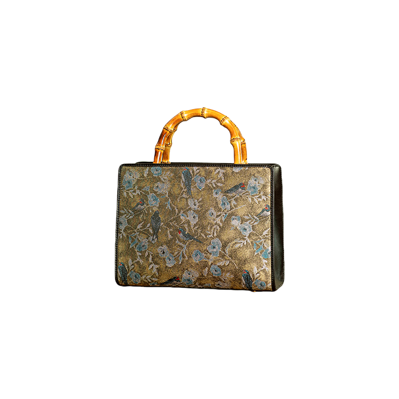 Song Brocade Bamboo Handle Tote Bag Birds and Flowers Luxury Handbag - SinoCultural