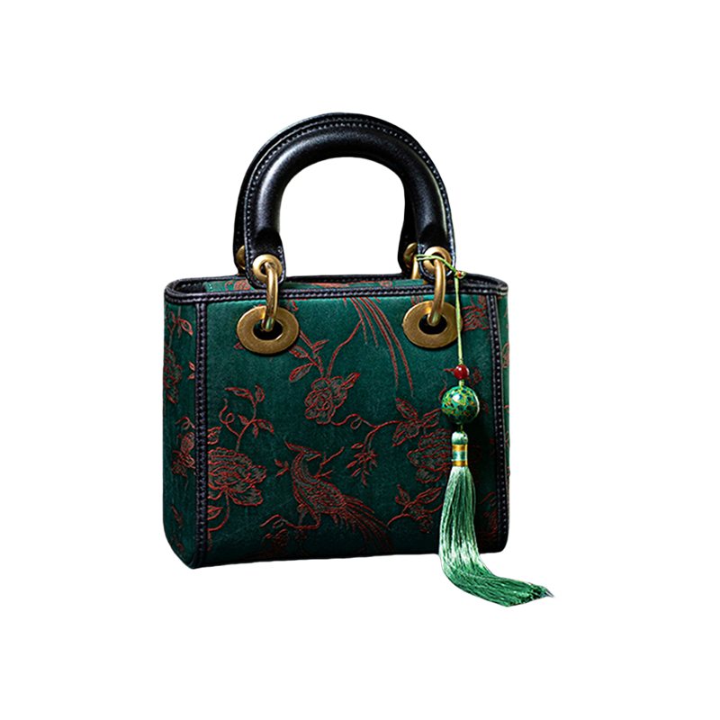 Xiangyunsha Silk Green Retro Cowhide Handbag with Pendant - SinoCultural