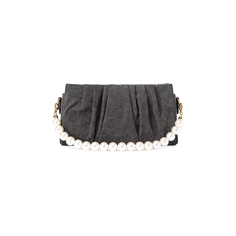 Xiangyunsha Silk Pearl Handle Grey Evening Bag