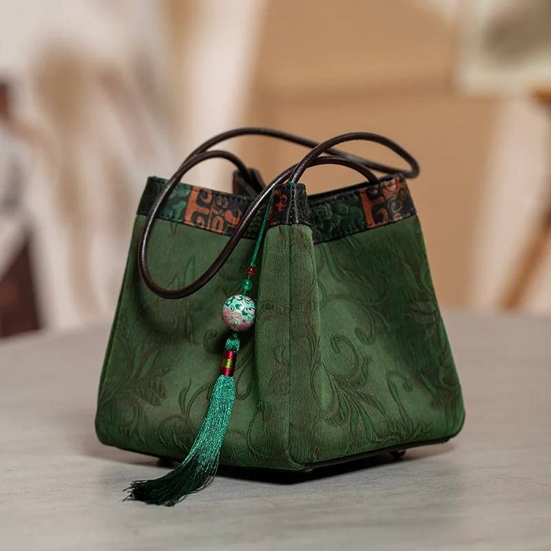 Fragrant Cloud Silk Bucket Tote Bag-Bucket Bag-SinoCultural-Dark Green-Single Bag-KM-0203-M5-SinoCultural