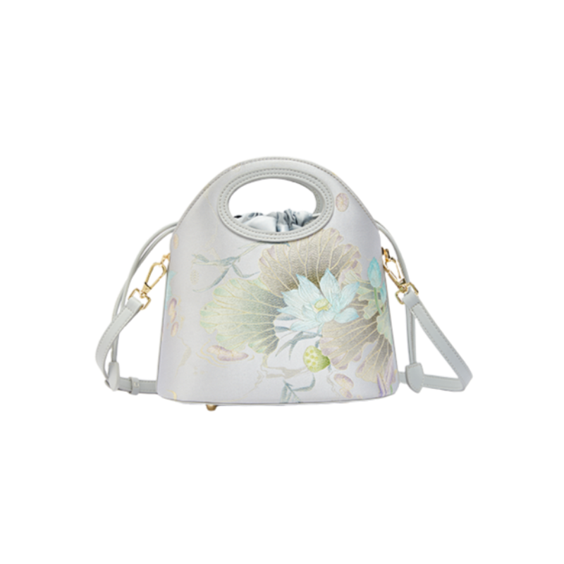 Printed Jacquard Lotus Gray Drawstring Bucket Bag