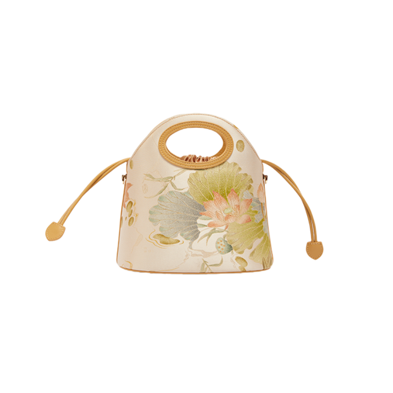 Printed Jacquard Lotus Khaki Drawstring Bucket Bag - SinoCultural