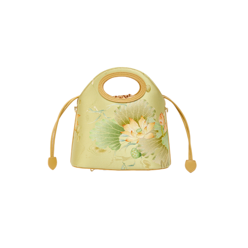 Printed Jacquard Lotus Green Drawstring Bucket Bag - SinoCultural