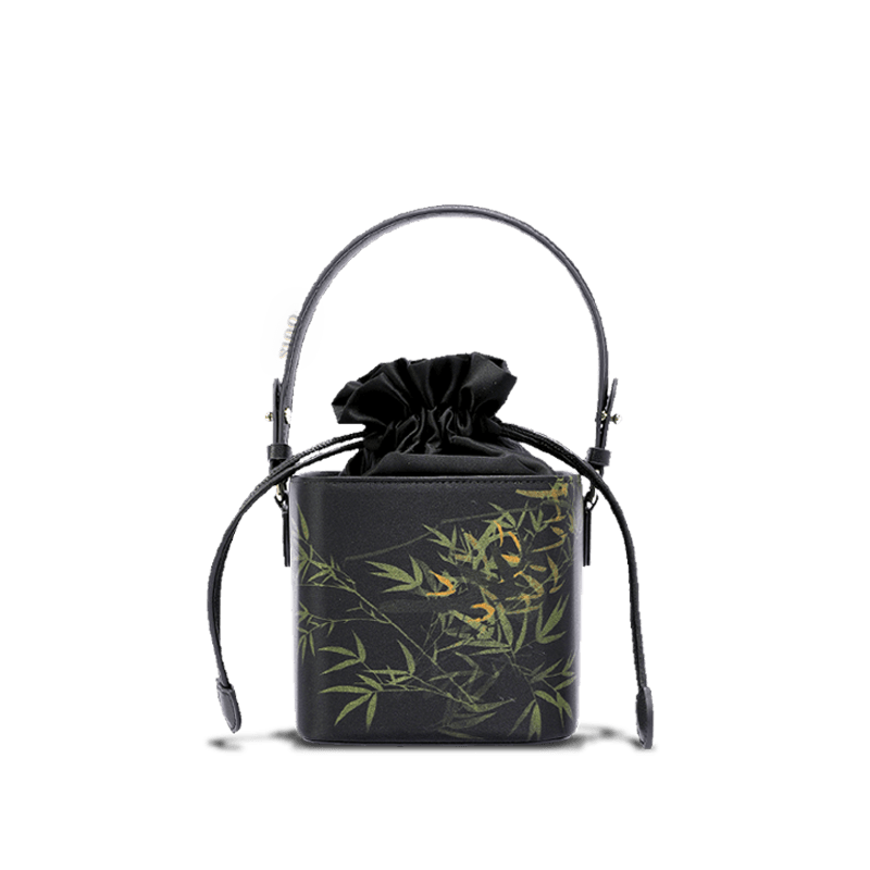 Xiangyunsha Silk Black Bamboo Print Mini Cube Bucket Bag - SinoCultural -- LD170613 - 