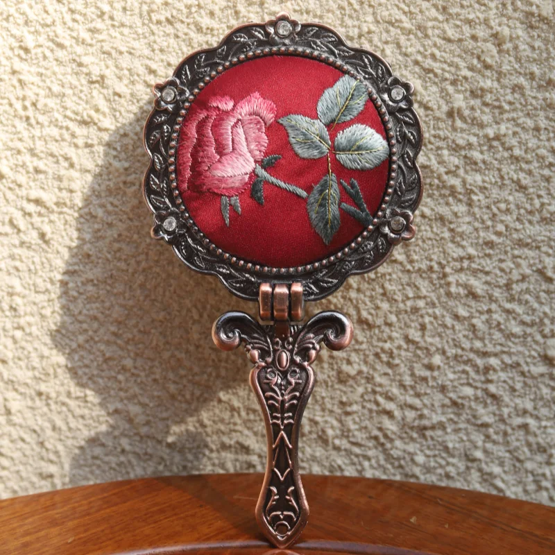 Limited Edition Hand Embroidery Handheld Makeup Beauty Metal Mirror