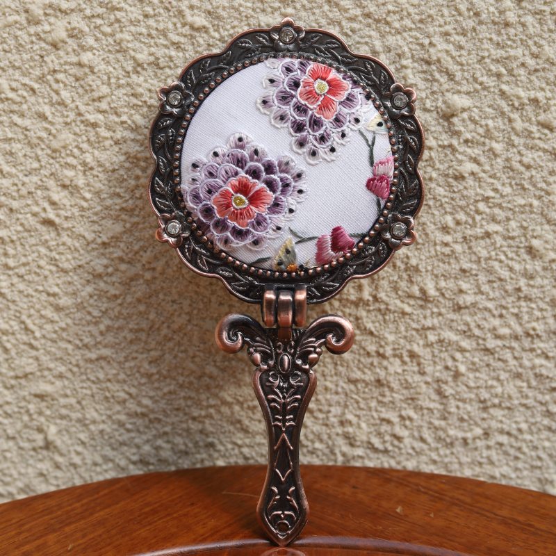 Limited Edition Hand Embroidery Handheld Makeup Beauty Metal Mirror