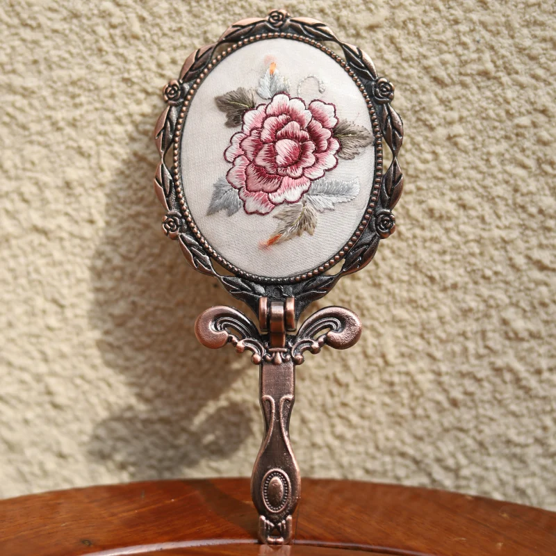 Limited Edition Hand Embroidery Handheld Makeup Beauty Metal Mirror