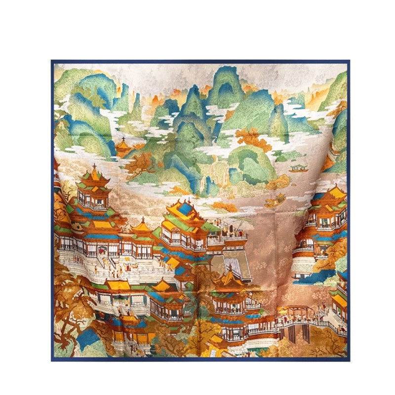 Mulberry Silk 14 Momme Square Scarf Cloud Pavilion 108x108 cm - SinoCultural