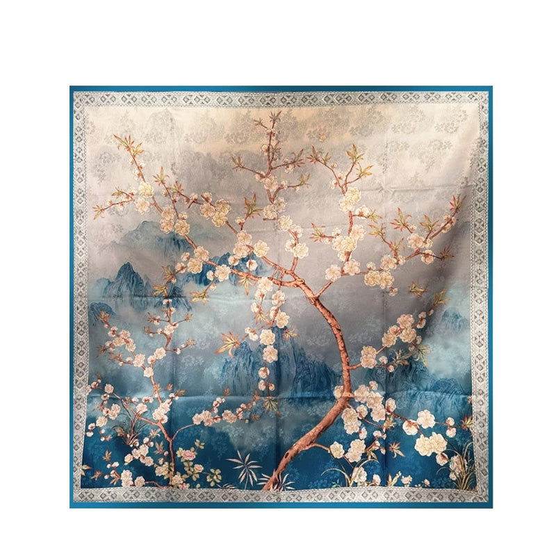 Mulberry Silk 14 Momme Square Scarf Plum Blossom 108x108 cm - SinoCultural