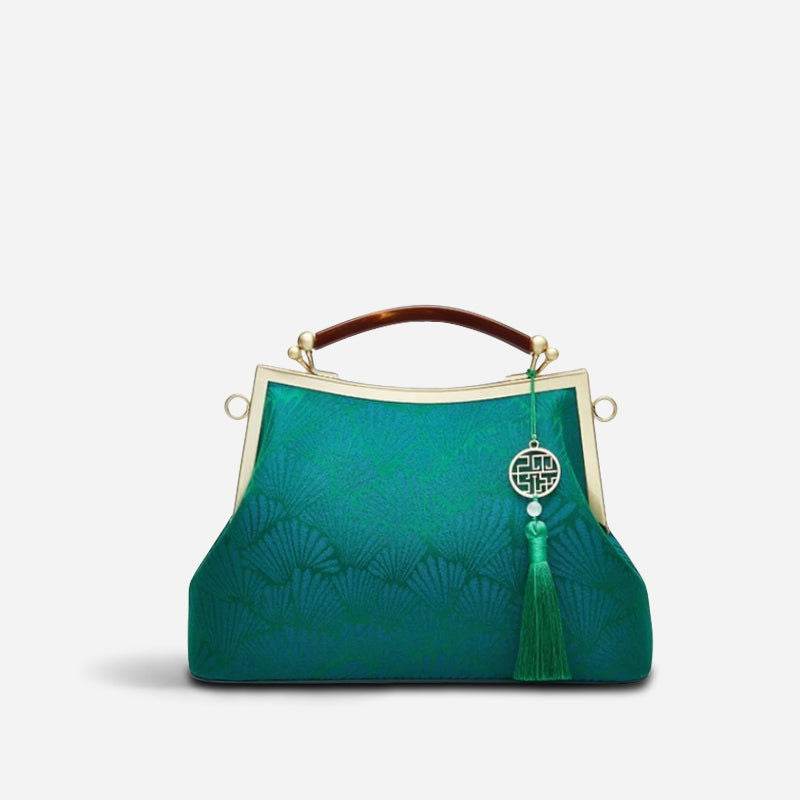 Mulberry Silk Green Pine Leaf Vintage Kiss Lock Clasp Bag - SinoCultural