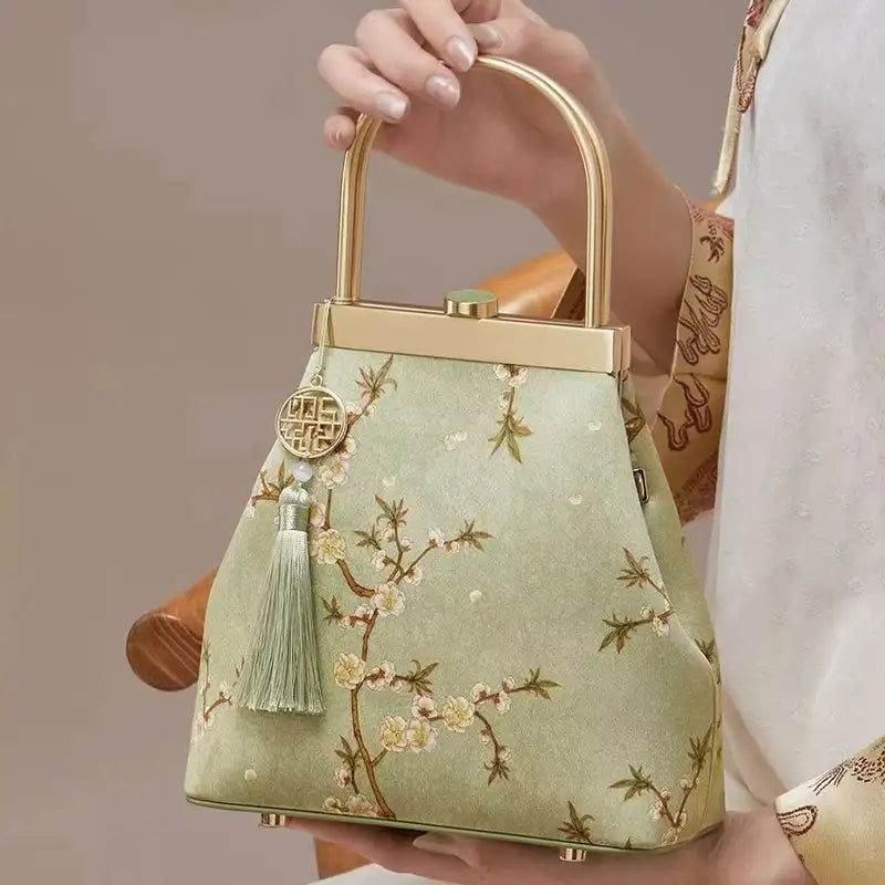 Mulberry Silk Luxury Light Green Kiss Lock Clutch Bag - SinoCultural