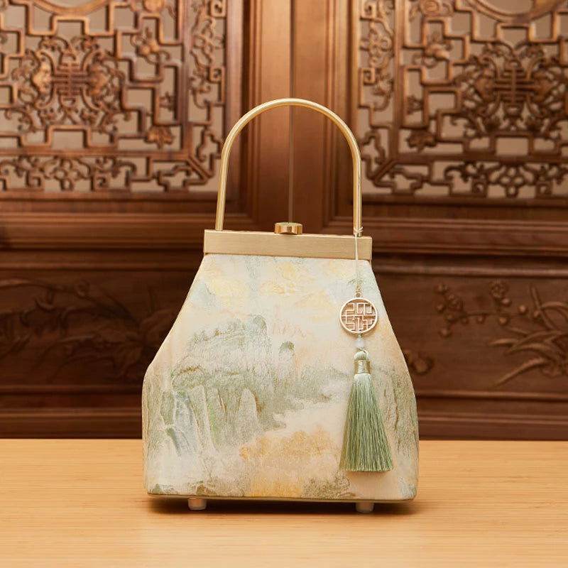 Mulberry Silk Luxury Light Green Kiss Lock Clutch Bag - SinoCultural