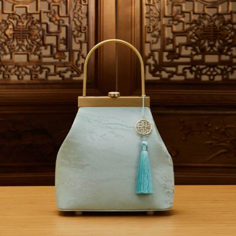 Mulberry Silk Luxury Light Green Kiss Lock Clutch Bag - SinoCultural