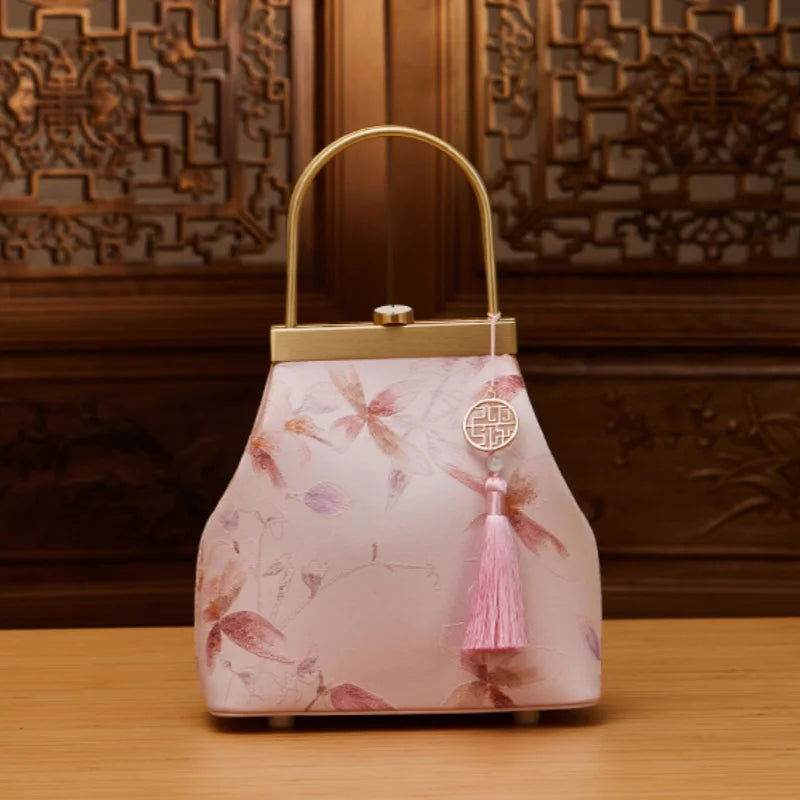 Mulberry Silk Luxury Light Green Kiss Lock Clutch Bag - SinoCultural