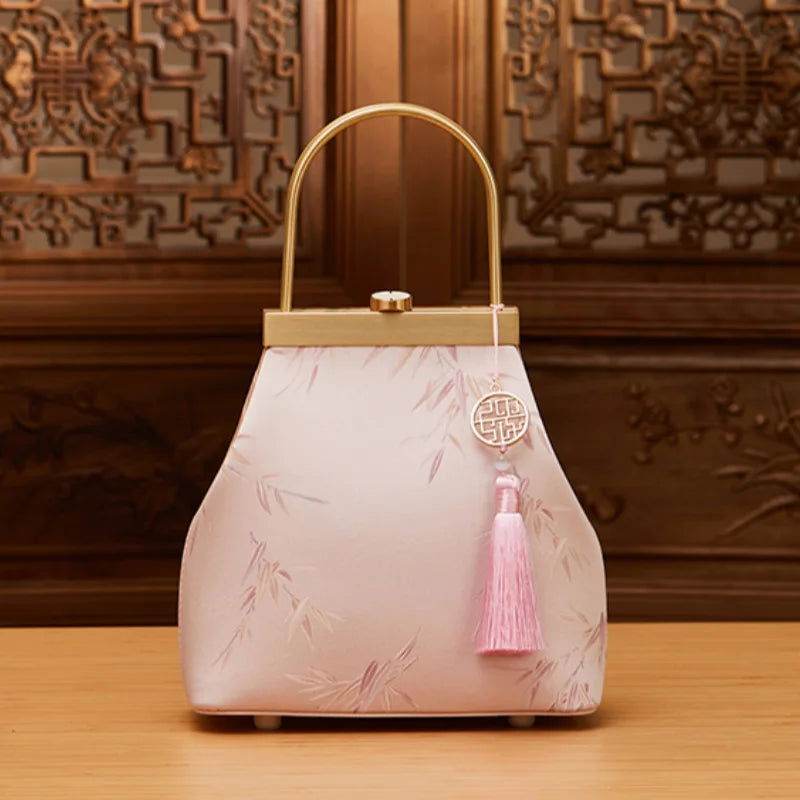 Mulberry Silk Luxury Light Green Kiss Lock Clutch Bag - SinoCultural
