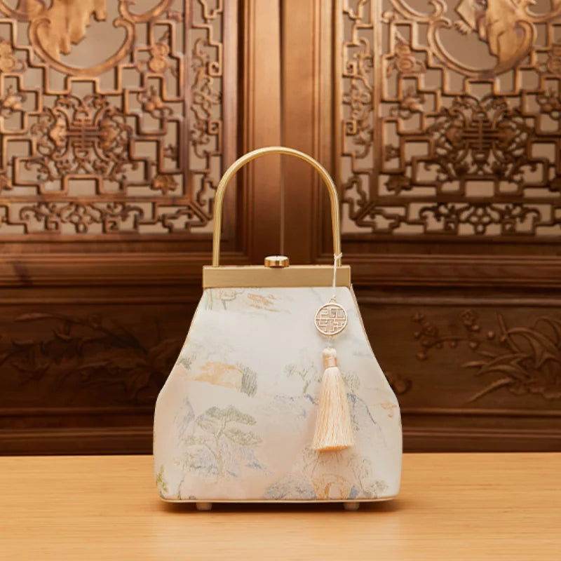 Mulberry Silk Luxury Light Green Kiss Lock Clutch Bag - SinoCultural