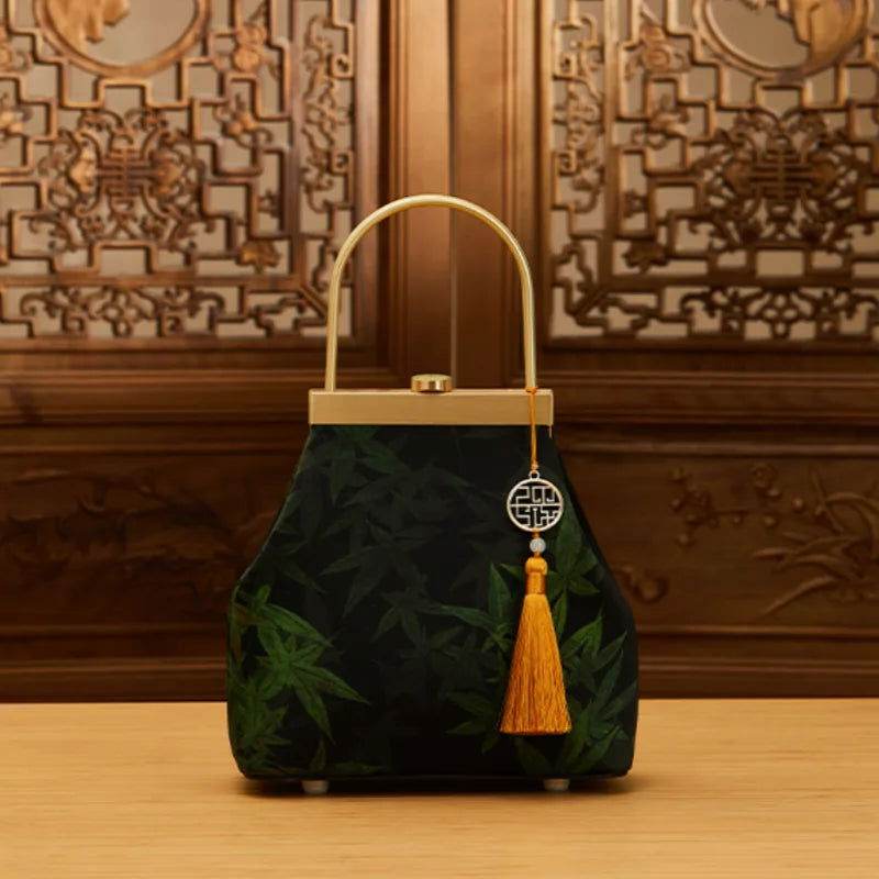 Mulberry Silk Luxury Light Green Kiss Lock Clutch Bag - SinoCultural