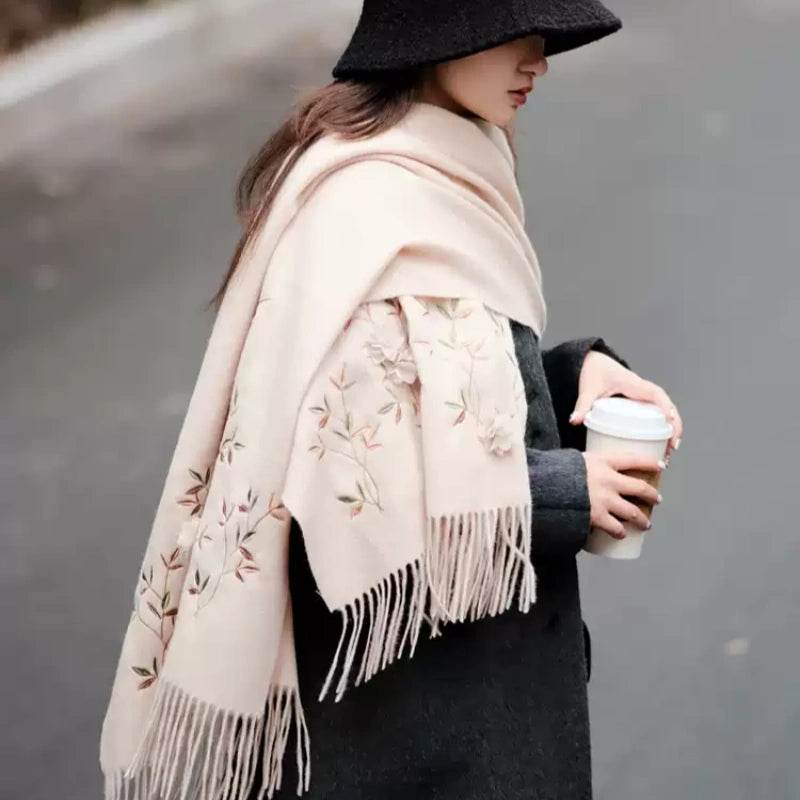 Embroidery 100% Pure Cashmere Scarf Rose 200x60 cm - SinoCultural