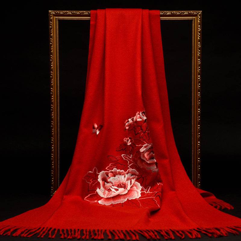 Su Embroidery Peony Cashmere Shawl Warm Winter Gift 200x70 cm - SinoCultural